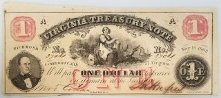 May 15,  1862 $1 Virginia Treasury Note Hand Signed And Numbered 3 " X 7.  25 "