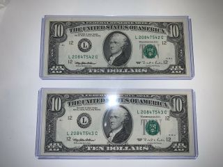 (2) 1995 $10 Hamilton Ten Dollar Bills Sequential U.  S.  Currency Note Crisp