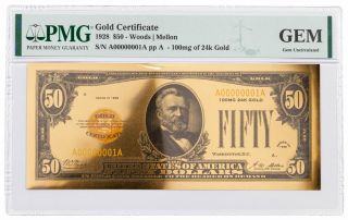 1928 $50 24kt Gold Certificate Commemorative Pmg Gem Uncirculated
