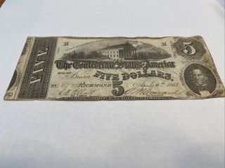 1863 $5 Us Confederate States Of America Paper Money