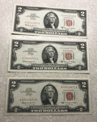 (3) 1963 Two Dollar Us Note,  Red Seal $2 Bill,  Nic Crisp Uncirculated