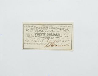 1861 $20 Confederate States Of America - Authentic Civil War Bond Note 616