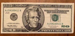 1996 Twenty Dollar Bill $20 J Kansas City Missouri Aj59160411b