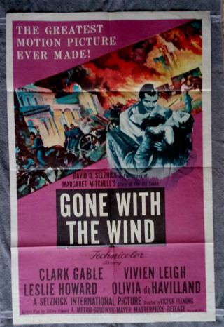 Gone With The Wind 1sh Movie Poster Clark Gable De Havilland Vivien Leigh R - 1954