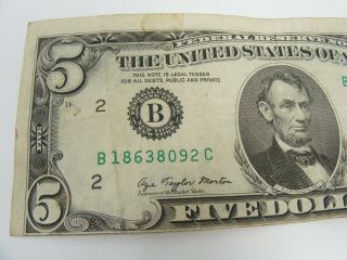 1977 A Five $5 Dollar Bill Misaligned/Misprint Error Front & Reverse 3