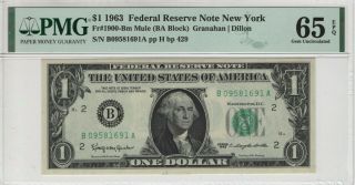 1963 $1 Federal Reserve Note York Fr.  1900 - Bm Mule Pmg Gem Unc 65 Epq (691a)