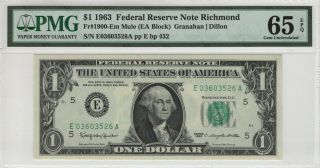 1963 $1 Federal Reserve Note Richmond Fr.  1900 - Em Mule Pmg Gem Unc 65 Epq (526a)