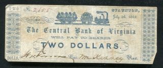 1862 $2 Two Dollars The Central Bank Of Virginia Staunton,  Va Obsolete (b)
