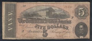 1864 U.  S.  Confederate States 5 Dollars Bank Note