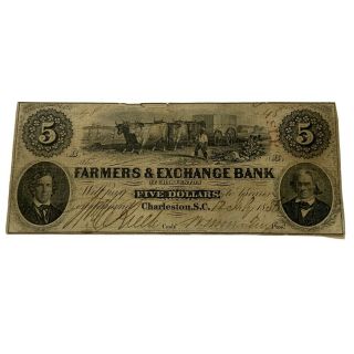 1856 South Carolina $5 Obsolete Currency Farmers & Exchange Bank,  Charleston