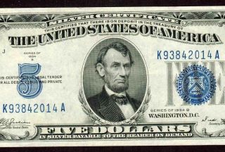 $5 1934 B Silver Certificate ( (higher Grade Vf,  / Xf))  Currency