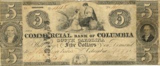 South Carolina Commercial Bank Of Columbia $5 Dollars Obsolete Currency 1857