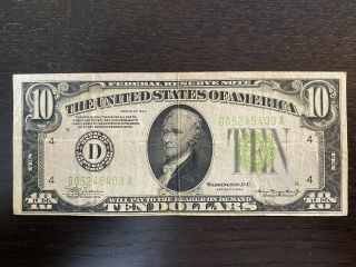 1934 $10 Dollar Federal Reserve Note Bill Currency - Green Seal