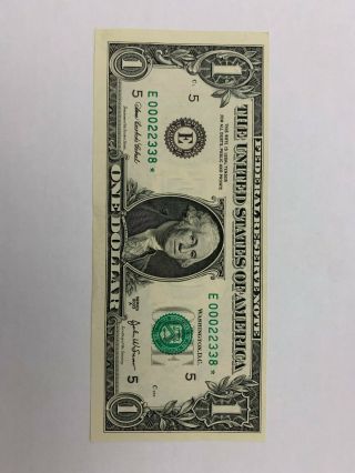 Cut Error Low Number Star Note 2003 $1 One Dollar Bill (e 00022338)