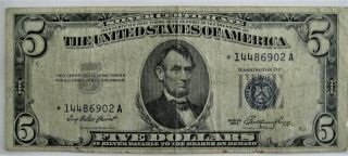 1953 Blue Seal Silver Certificate Five Dollar Star Note In