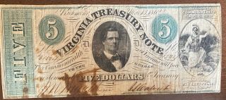 1862 $5.  00 Virginia Treasury Note Richmond,  Virginia Obsolete Civil War Note