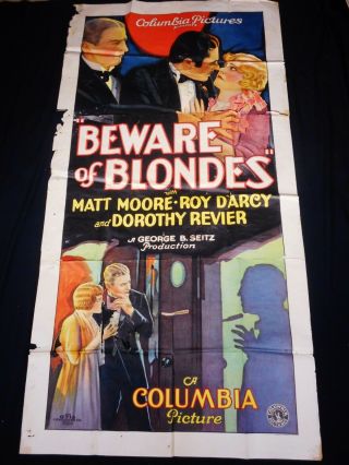 Beware Of Blondes 1928 Matt Moore Dorothy Revier Silent Comedy Three Sheet