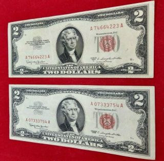 2 Note Aa Serial Set 1953 1963 $2 United States Red Seal 1misaligned Letter Neat