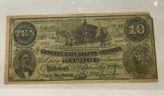 1861 Confederate States Of America $10 Ten Dollars Facsimile - Wynnes Advert