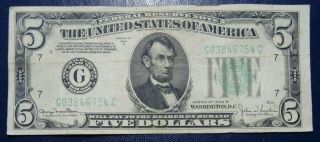 1934 - D $5 Frn Bill Old Five Dollar Note Paper Money Currency Chicago Green Seal