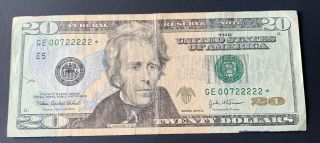 2004 A $20 Federal Reserve Note Serial Num Ge 00722222 Fanny Serial & Star ⭐️