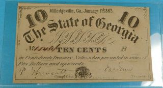 1863 State Of Georgia 10 Cents Confederate Currency Note Milledgeville,  Georgia