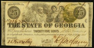 Obsolete Currency 1863 State Of Georgia 25 Cents S/n 33675 Civil War Era Unc.