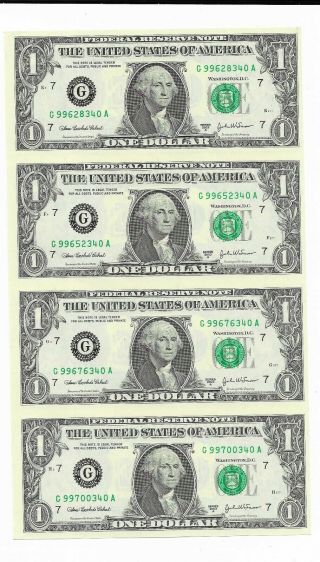$1 Frn Uncut Sheet Of 4 2003a Chicago District Ending In Serial 340a