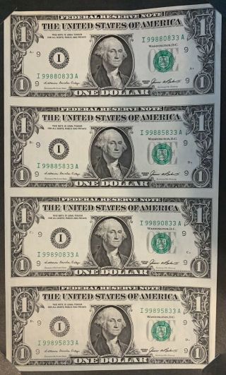 1981 Unc Uncut Sheet Of (4 Notes) One Dollar $1 Bills Series I