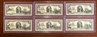 Six (6) 2003 Uncirculated Two Dollar Bills $2 Overprint 50 States Series