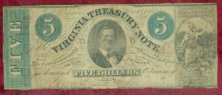 Mar 13,  1862 $5.  00 Virginia Treasury Note - Commonwealth Of Virginia In Richmond