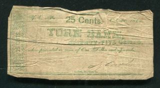 1862 25 Twenty Five Cents York Bank York,  Pennsylvania Obsolete Scrip Note