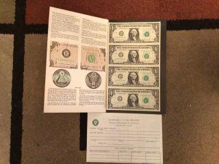 Unc Uncut Sheet Of (4) One Dollar $1 Bills Series 1981