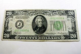 One United States 1934 Twenty Dollar Federal Reserve Note Kansas City,  Mo.  Fine