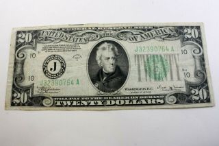 One United States 1934b Twenty Dollar Federal Reserve Note Kansas,  Mo.  Fine