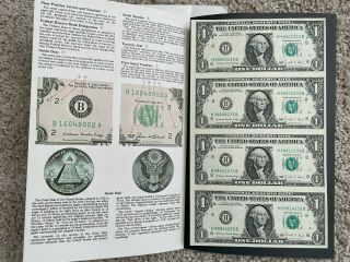 1988 $1 One Dollar Uncut Bills (4) Sheet W/ Folder Bureau Of Engraving