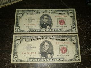 2 1963 $5 Dollar Bills Lincoln Red Seal Serial Numbers