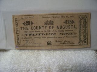 Authentic Confederate Obsolete The County Of Augusta 25 Cents Note Curency1862