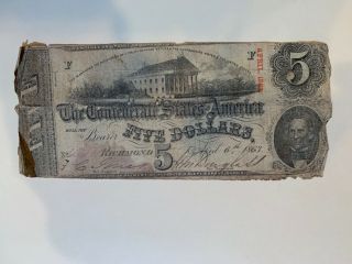 1863 $5 Us Confederate States Of America Paper Money Currency Blue " V " Back