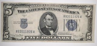 1934 - D Us 5 Five Dollar Bill Silver Certificate Blue Seal Collector Note (p006)
