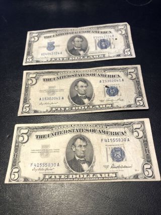 Five Dollar $5 Blue Seal Silver Certificate Bills 1934 1953 (3 Notes) -
