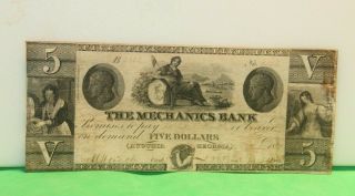 $5 1861 Augusta Georgia Ga Obsolete Currency Bank Note Bill The Mechanics Bank