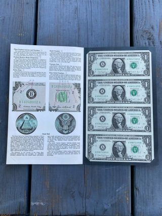 1988a $1 One Dollar Uncut Bills (4) Sheet W/ Folder Bureau Of Engraving