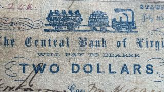 Central Bank Of Virginia 1862 Two Dollars $2 Banknote C38