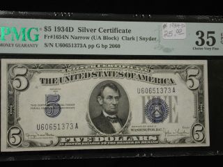 1934 - D Fr 1654n $5 Silver Certificate Choice Very Fine 35 Epq