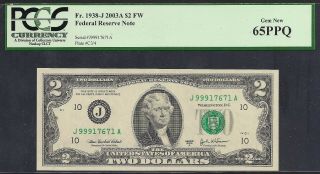 2003a Us Bank Note $2 Frn F 1938 - J Cabral/snow Pcgs 65ppq Gem Tmm