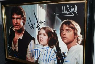 Hand Signed Harrison Ford,  Carrie Fisher & Mark Hamill With Framed Star Wars