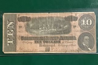 1864 $10 Us Confederate States Of America Old Us Currency Very