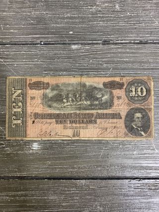 Civil War Confederate 1864 10 Dollar Bill Richmond Virginia Paper Money Note