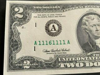 2003 A $2 Two Dollar Bill Serial Number A 11161111 A